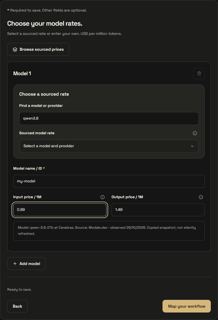 The real model price form after selecting a Qwen model served by Cerebras, including the price-source notice.