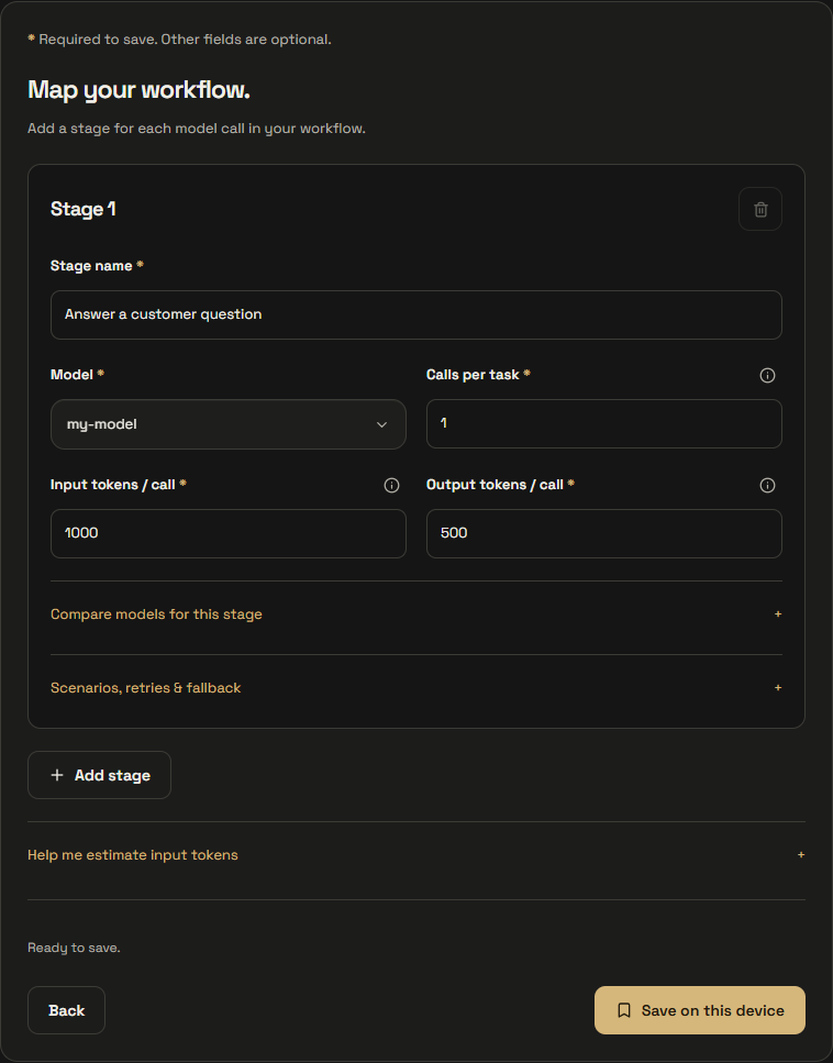 The Workflow step with a model, one call per task, input and output token fields, and an Add stage control.