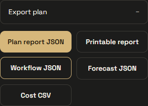 The expanded Export plan section with Plan report JSON, Printable report, Workflow JSON, Forecast JSON and Cost CSV buttons.