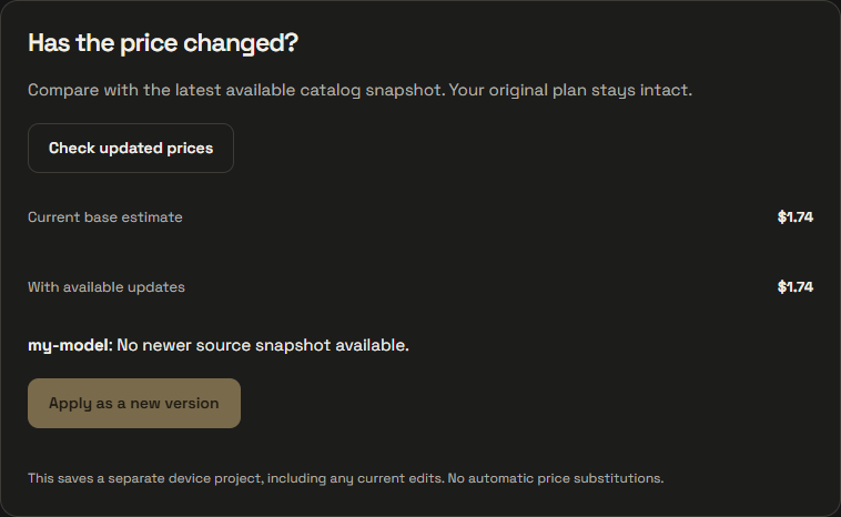 The price-update panel compares the existing estimate with the available snapshot and reports no newer source snapshot.