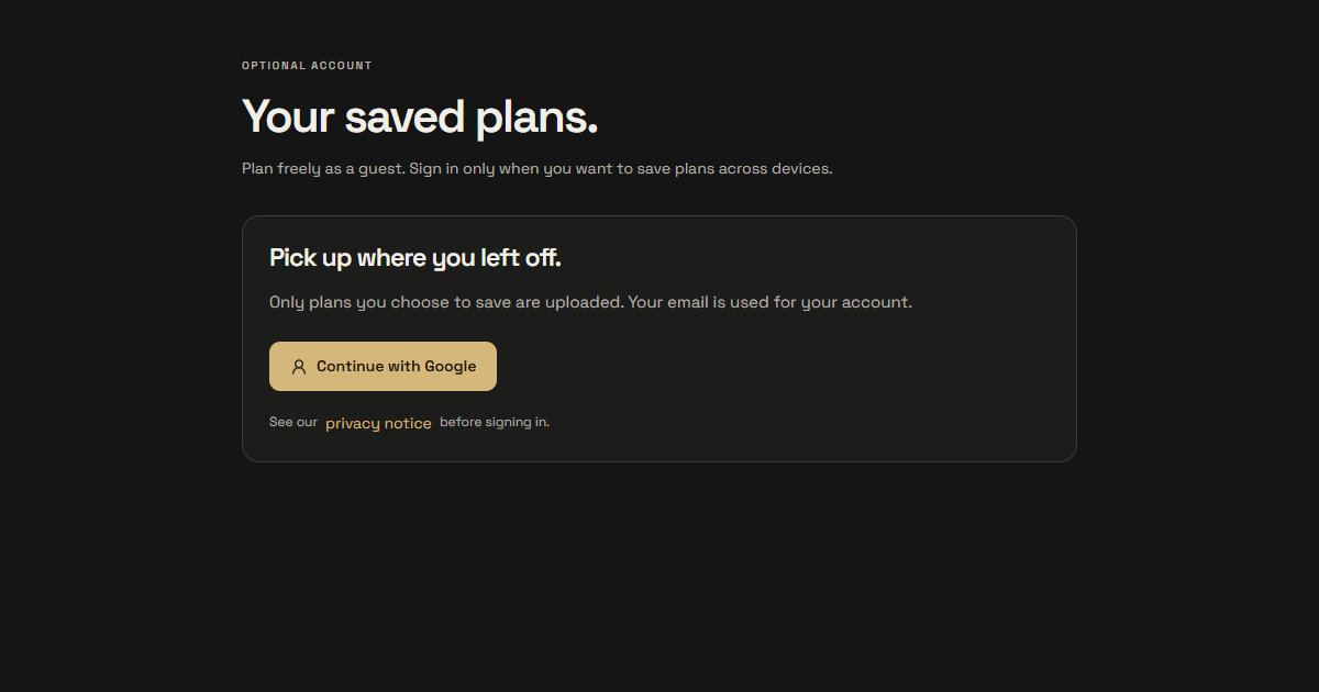 The real signed-out account page offering Continue with Google and explaining private cloud saving.